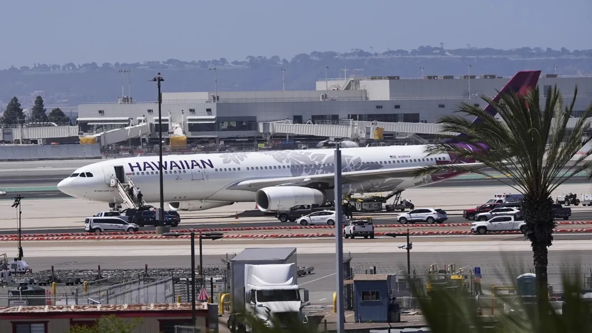 A Hawaiian Airlines airplane sits on the tarmac after the evacuation.